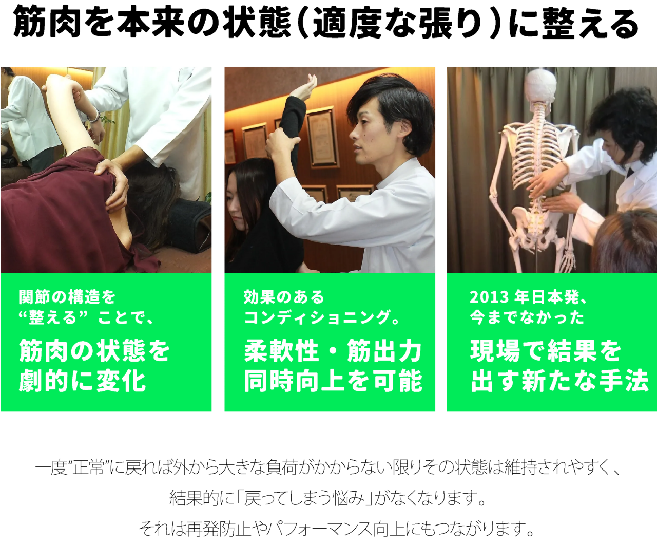 筋肉を本来の状態（適度な張り）に整える 関節の構造を“整える”ことで、筋肉の状態を劇的に変化 効果のあるコンディショニング。 柔軟性・筋出力同時向上を可能 2013年日本発、今までなかった 現場で結果を出す新たな手法 一度“正常”に戻れば外から大きな負荷がかからない限りその状態は維持されやすく、 結果的に「戻ってしまう悩み」がなくなります。 それは再発防止やパフォーマンス向上にもつながります。